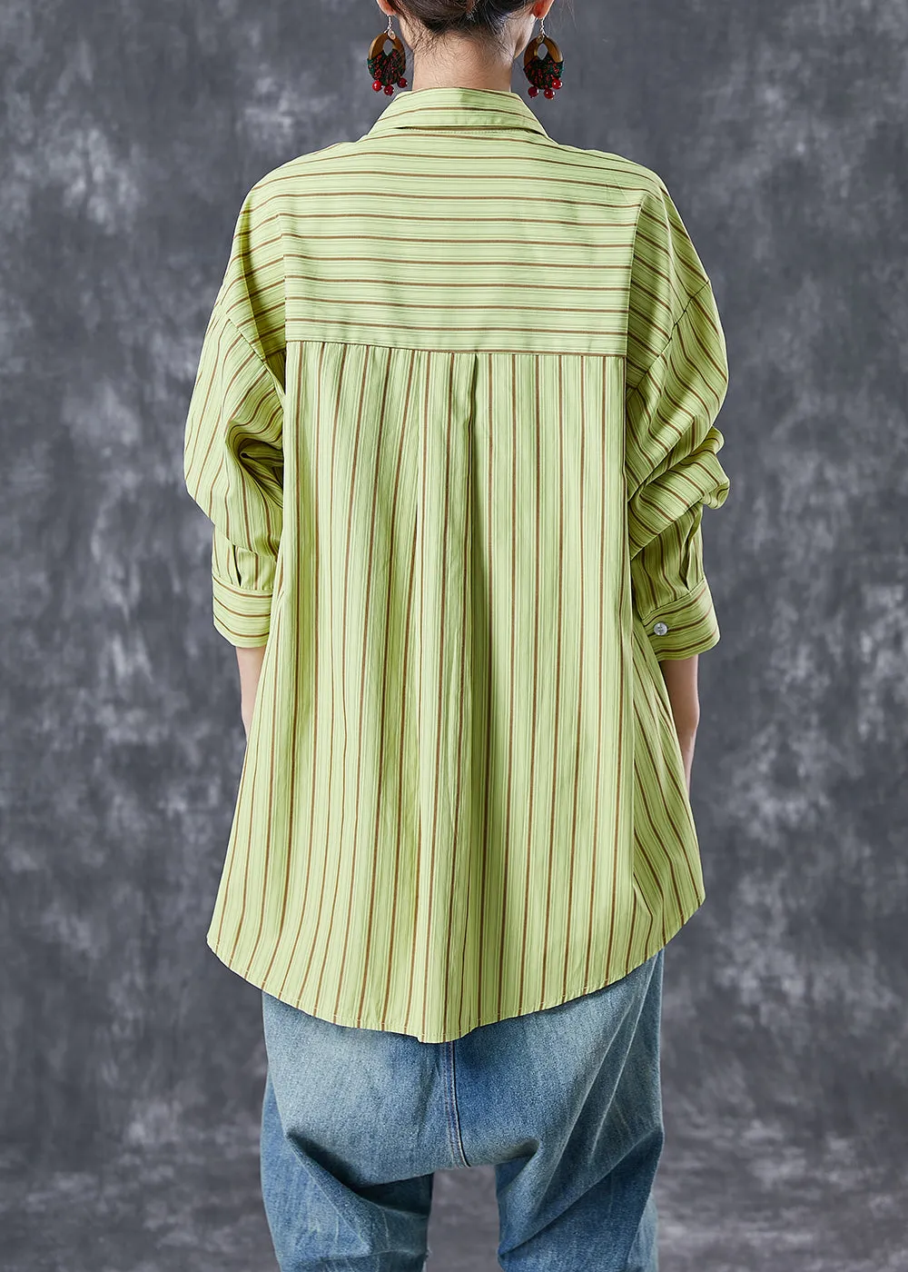 Art Grass Green Oversized Striped Cotton Blouses Summer LY7009