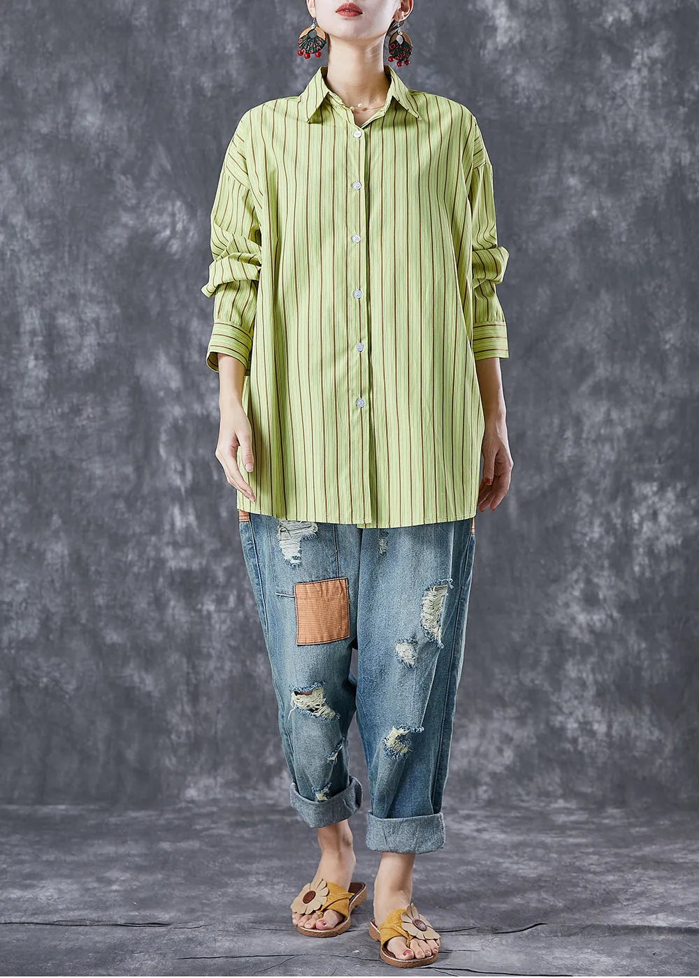 Art Grass Green Oversized Striped Cotton Blouses Summer LY7009