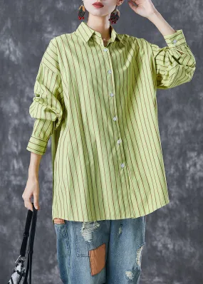 Art Grass Green Oversized Striped Cotton Blouses Summer LY7009