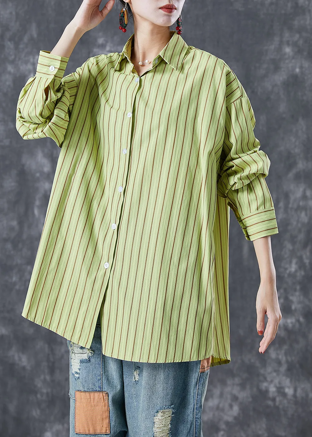 Art Grass Green Oversized Striped Cotton Blouses Summer LY7009