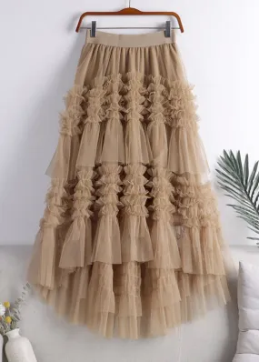 Art Khaki fashion low high design tulle Skirt Spring