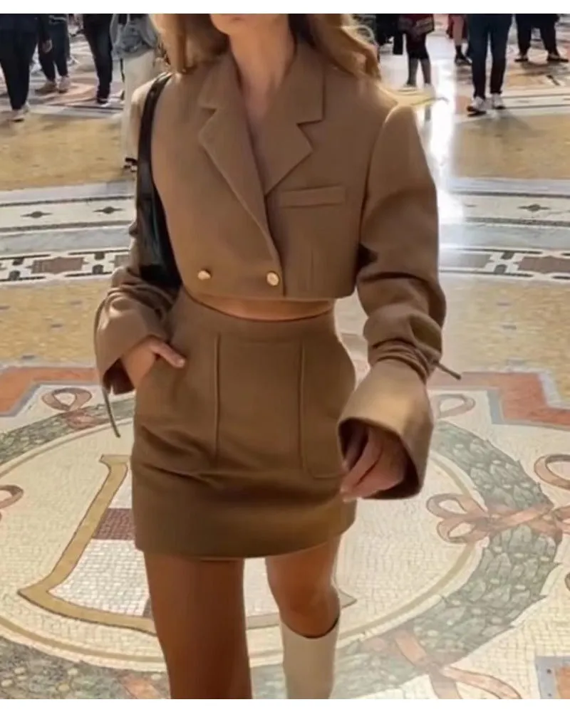 Autumn and winter lapel long sleeve short coat   skirt suit woman