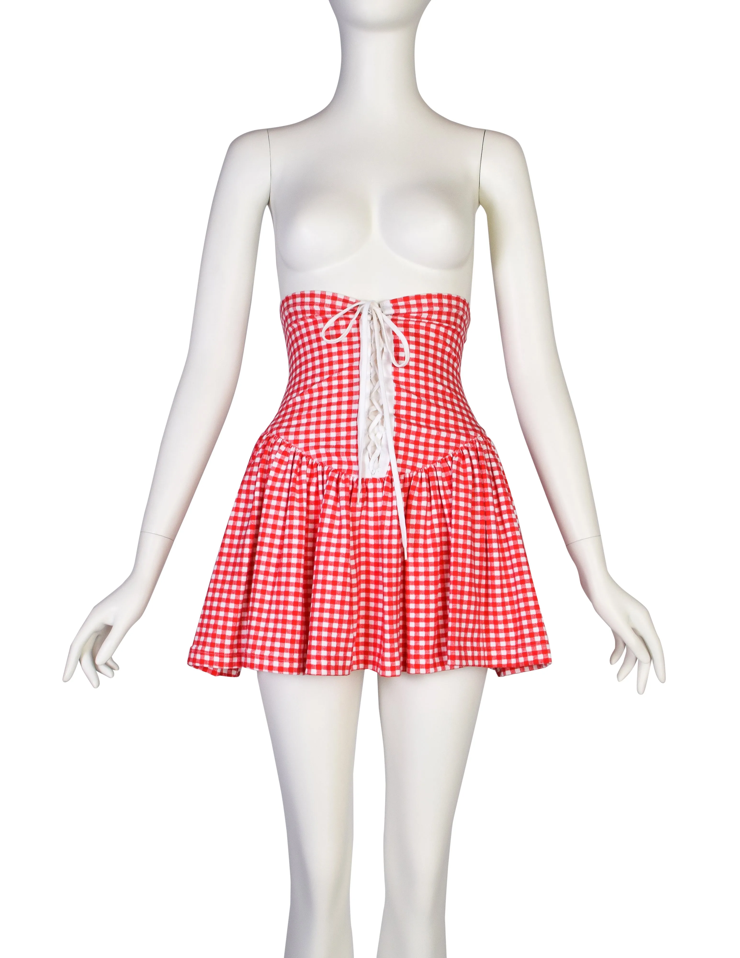 Betsey Johnson Punk Label Vintage Red White Gingham Ultra High Waist Lace Up Mini Skirt