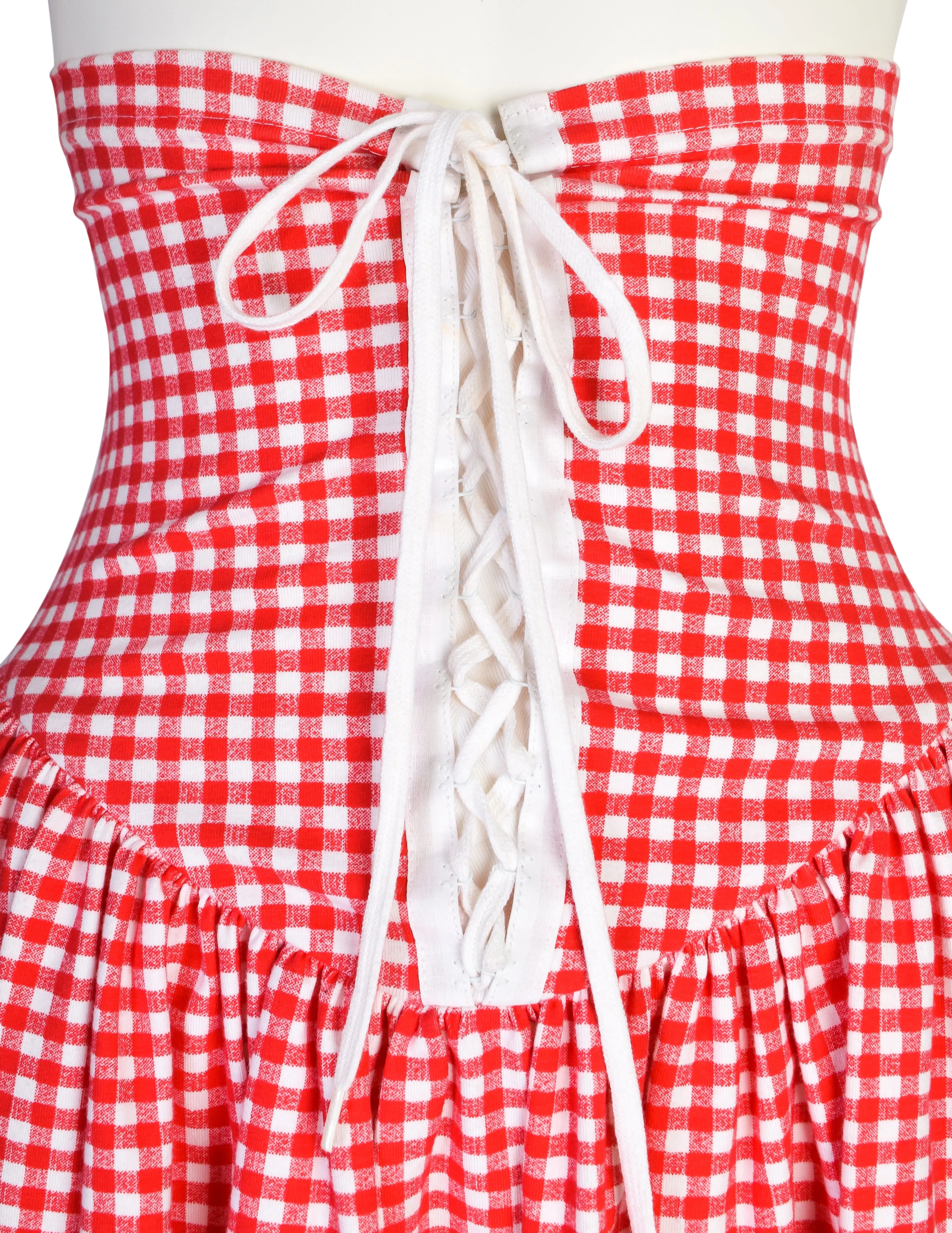 Betsey Johnson Punk Label Vintage Red White Gingham Ultra High Waist Lace Up Mini Skirt