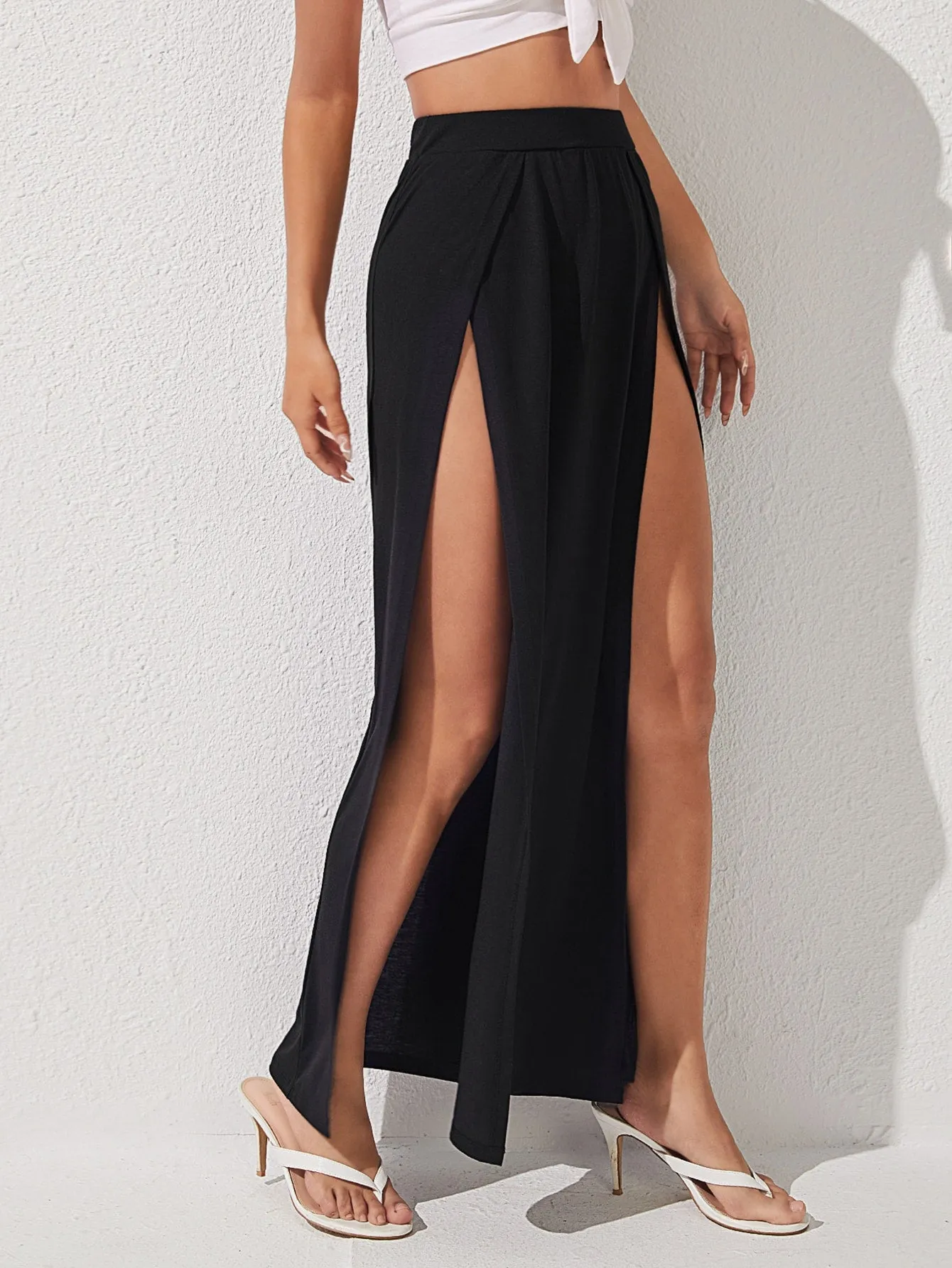 Black Solid Split Thigh High Waist Skirt