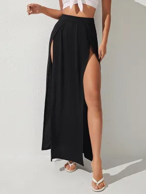 Black Solid Split Thigh High Waist Skirt