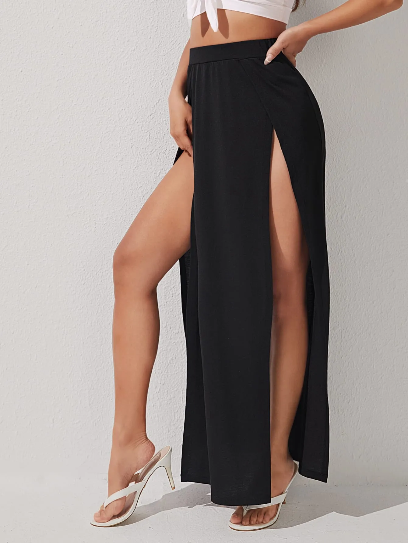 Black Solid Split Thigh High Waist Skirt