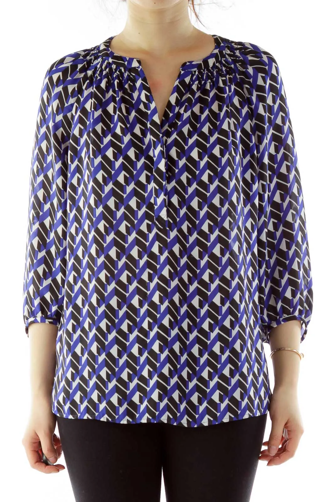 Blue Black and Cream pattern Loose Top