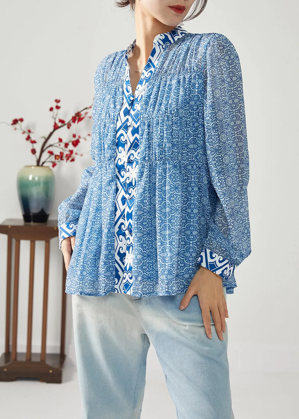 Bohemian Blue Print Patchwork Wrinkled Chiffon Blouses Spring LC0383