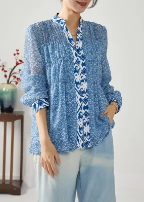 Bohemian Blue Print Patchwork Wrinkled Chiffon Blouses Spring LC0383