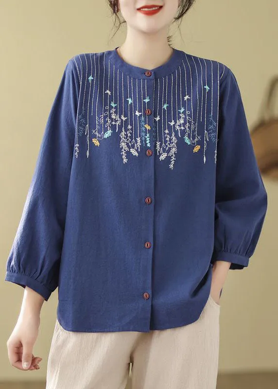 Bohemian Loose Blue Embroidered Linen Blouses Long Sleeve FF019