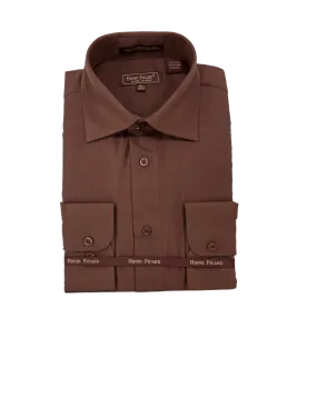 Brown men's long sleeves dress shirt spread collar convertible cuff regular fit