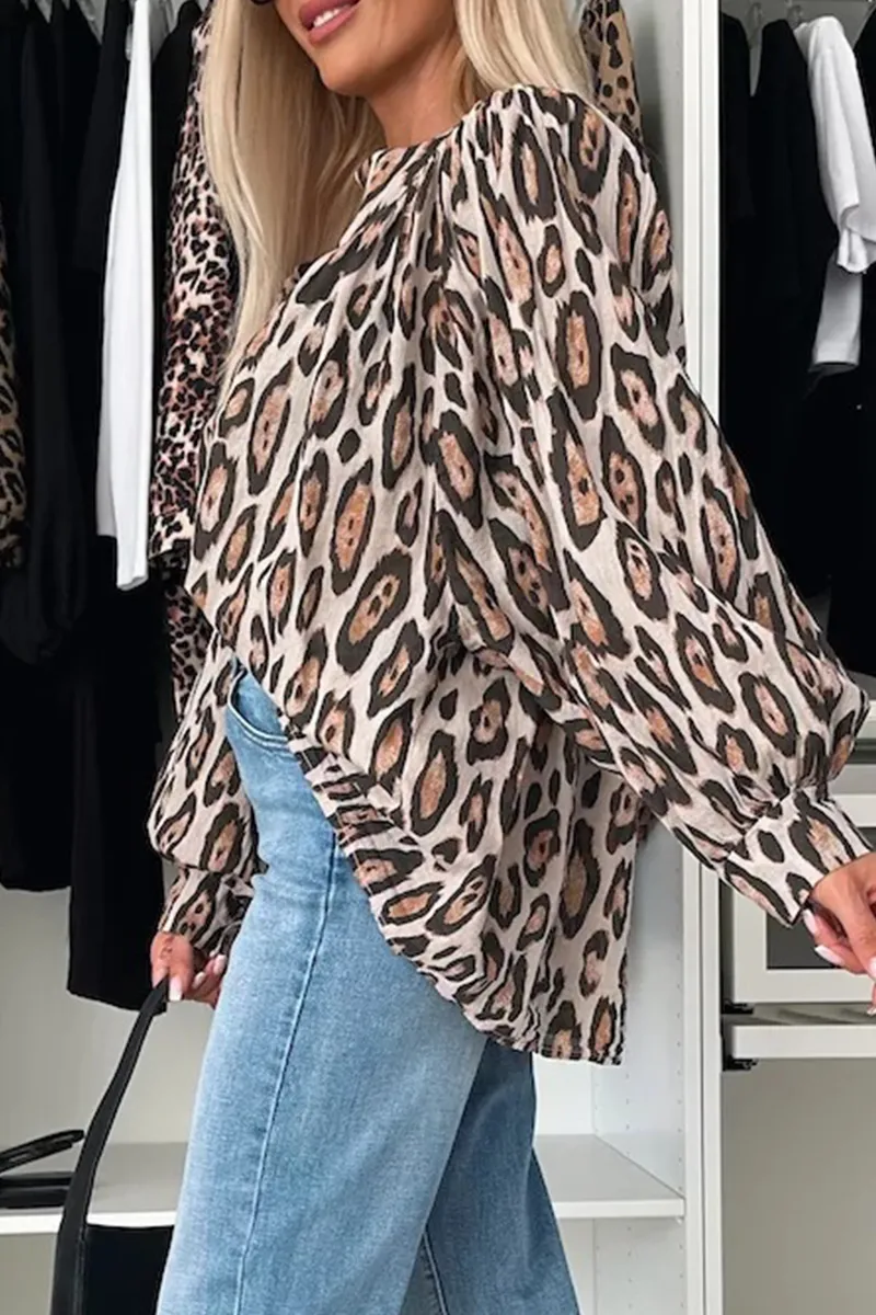 Casual Leopard Buttons Ruched O Neck Blouses