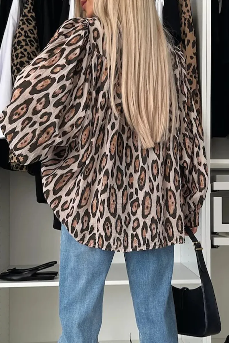 Casual Leopard Buttons Ruched O Neck Blouses