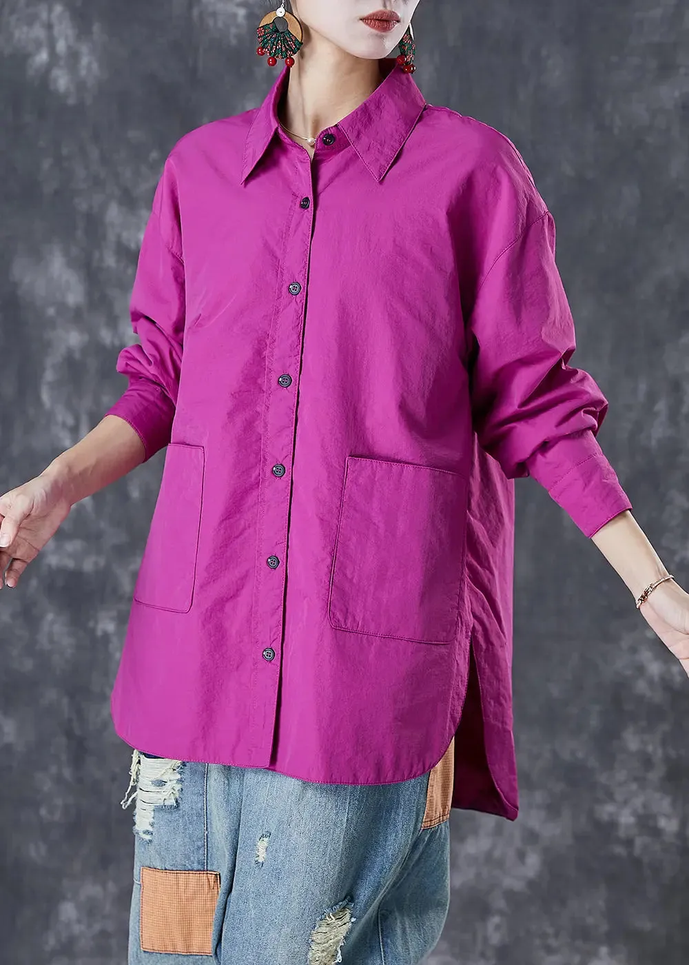 Classy Purple Oversized Pockets Cotton Blouses Fall ML3013