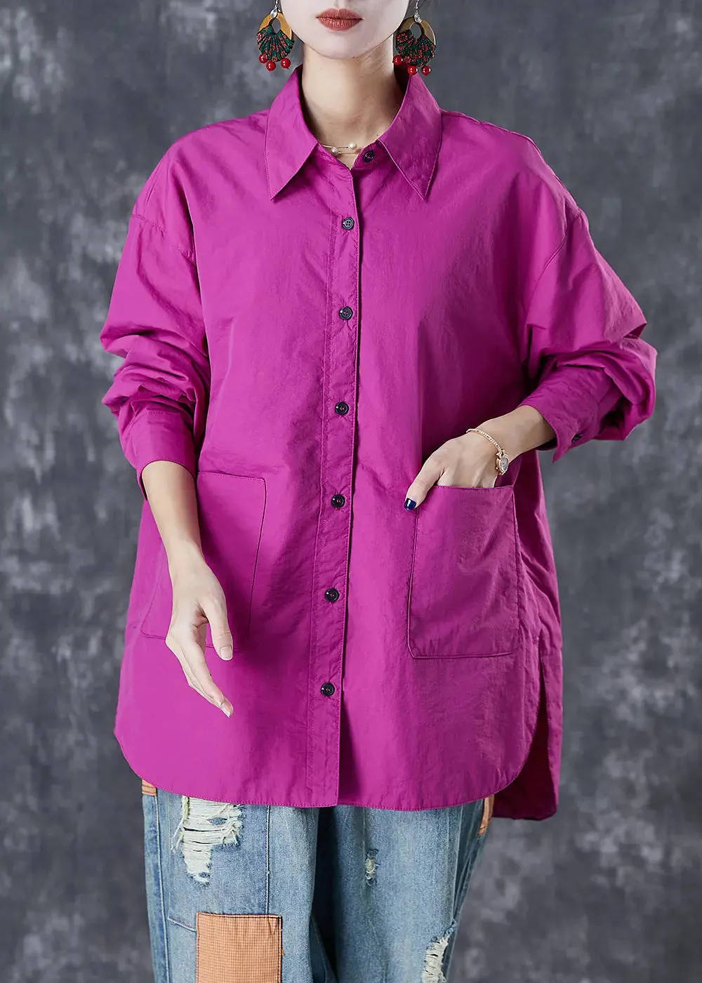 Classy Purple Oversized Pockets Cotton Blouses Fall ML3013