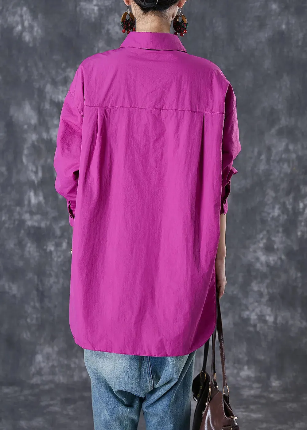 Classy Purple Oversized Pockets Cotton Blouses Fall ML3013