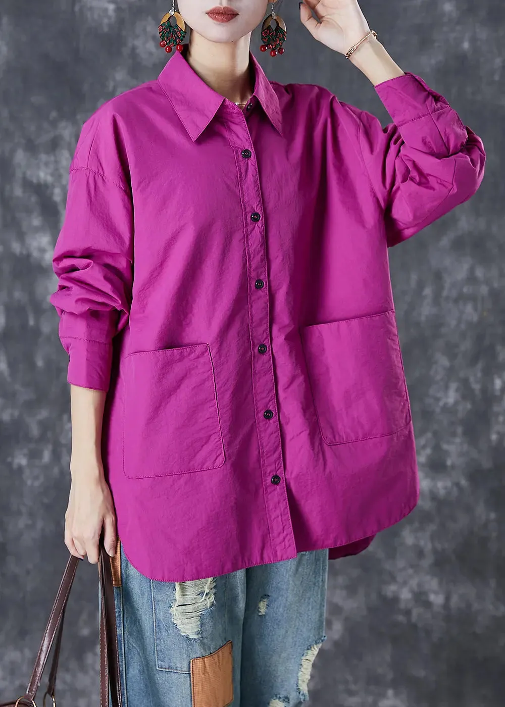 Classy Purple Oversized Pockets Cotton Blouses Fall ML3013