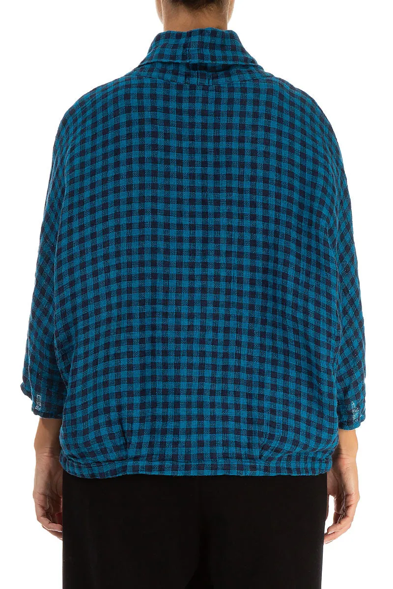 Cowl Neck Blue Check Linen Blouse