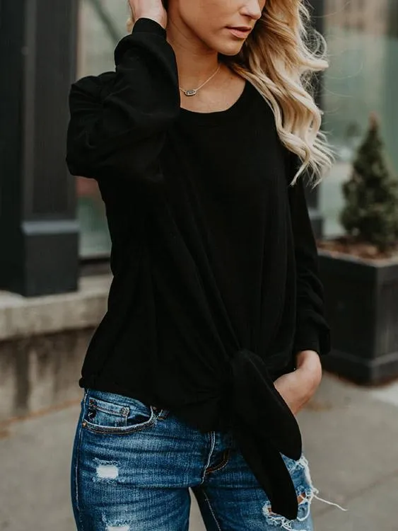 Custom Round Neck Lace-Up Pleated Long Sleeve Irregular Hem Black Blouses