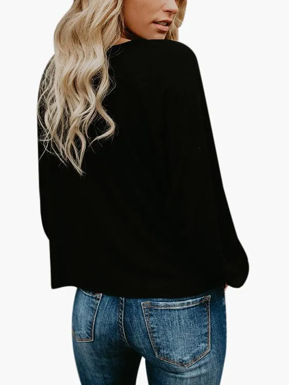 Custom Round Neck Lace-Up Pleated Long Sleeve Irregular Hem Black Blouses