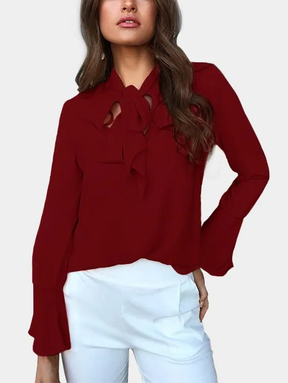 Custom Self-tie Design Bell Sleeves Chiffon Blouse