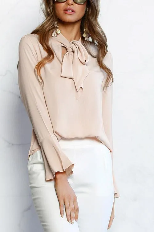 Custom Self-tie Design Bell Sleeves Chiffon Blouse