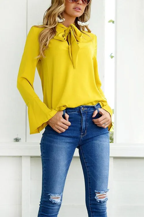 Custom Self-tie Design Bell Sleeves Chiffon Blouse