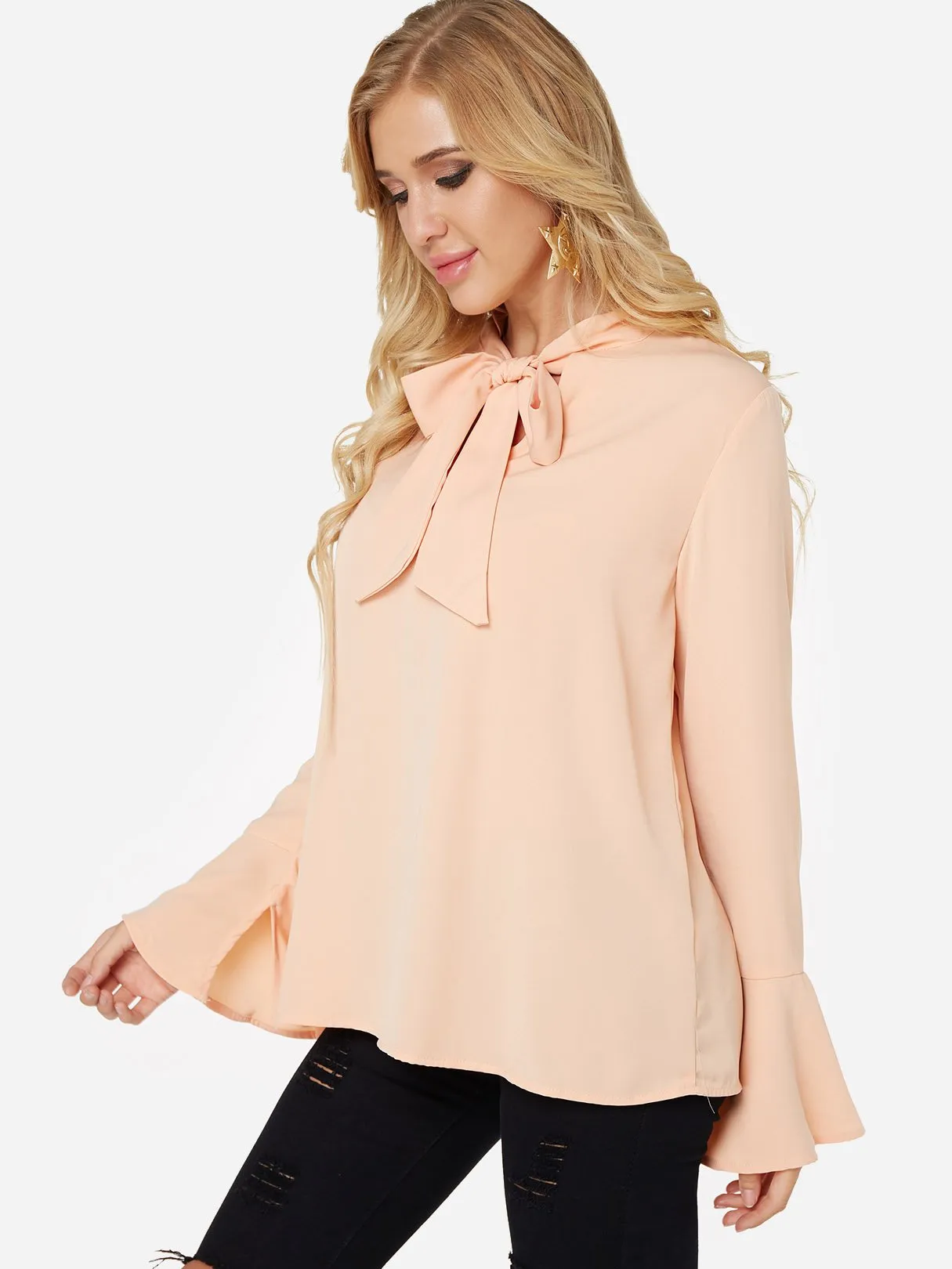 Custom Self-tie Design Bell Sleeves Chiffon Blouse