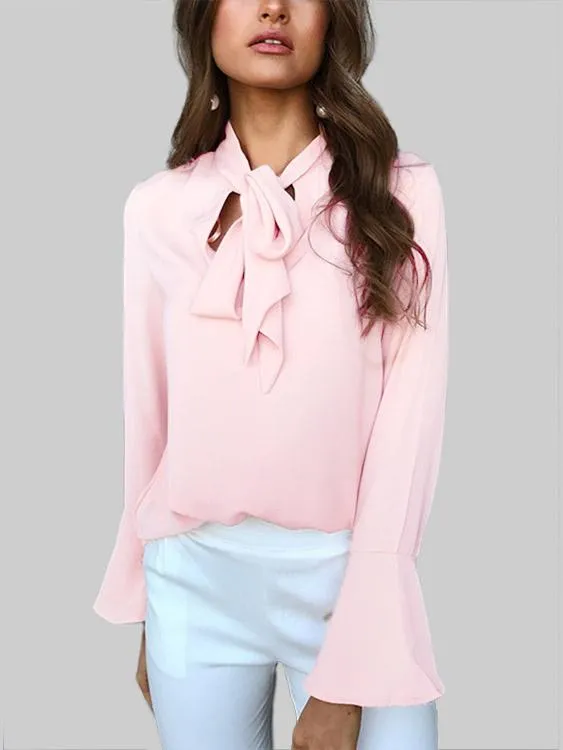 Custom Self-tie Design Bell Sleeves Chiffon Blouse