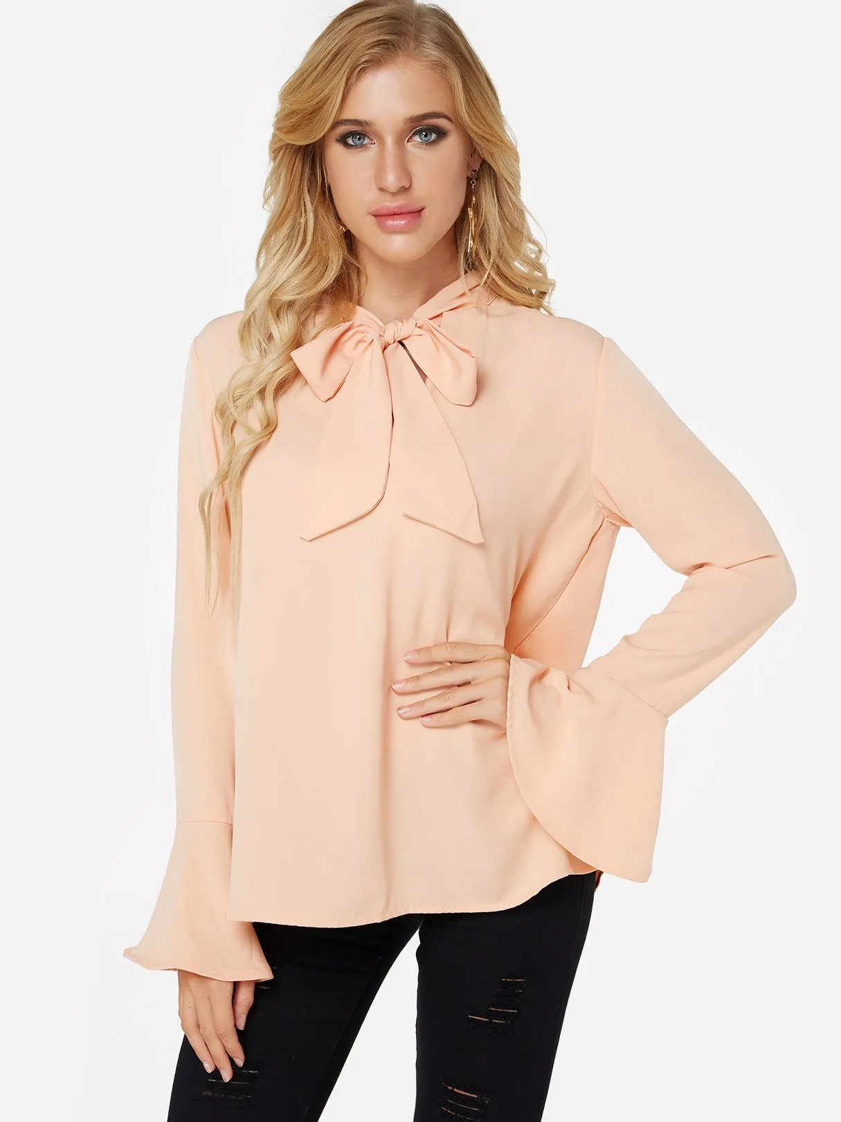 Custom Self-tie Design Bell Sleeves Chiffon Blouse