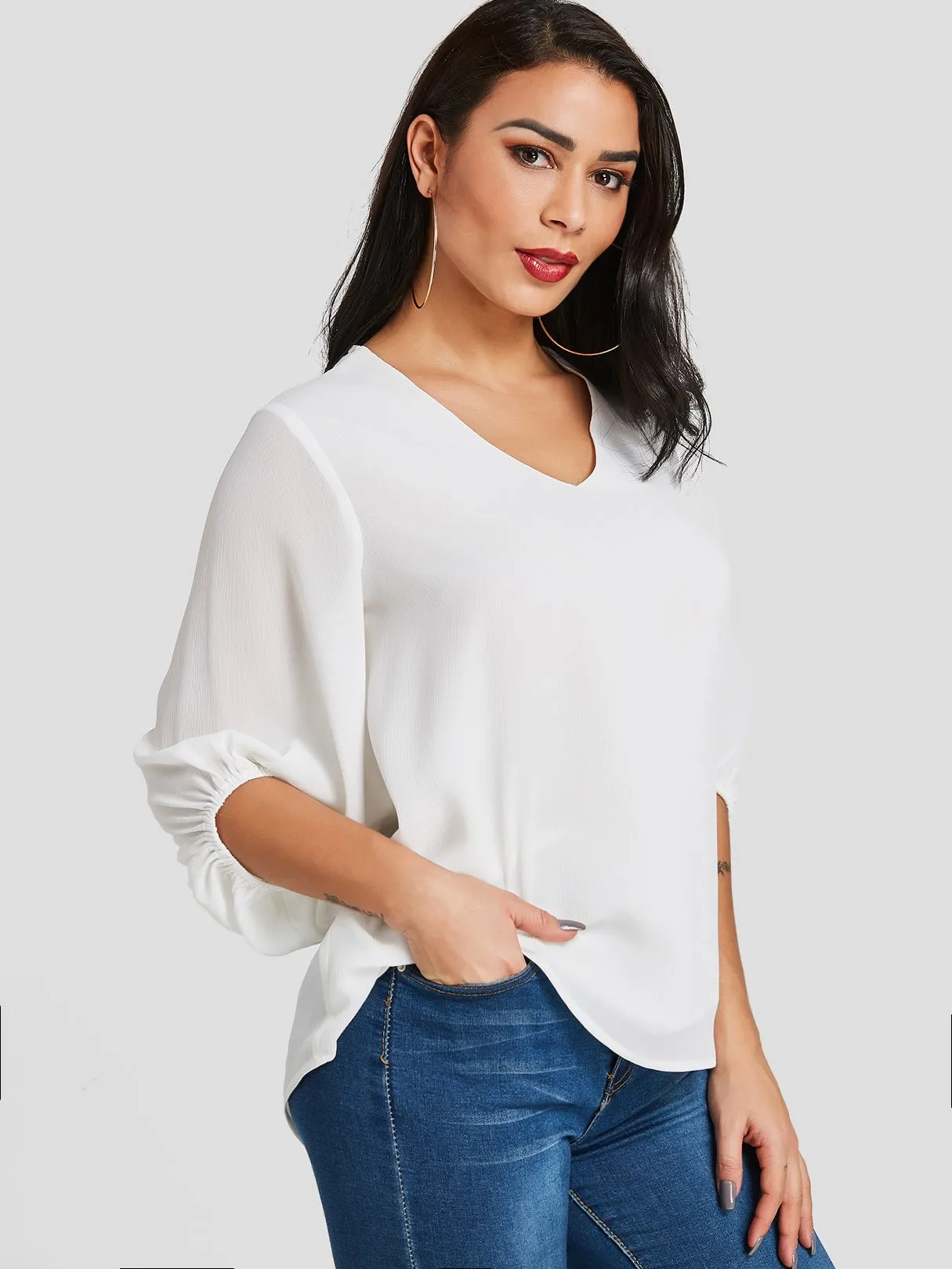 Custom V-Neck Plain 3/4 Sleeve Curved Hem White Blouses