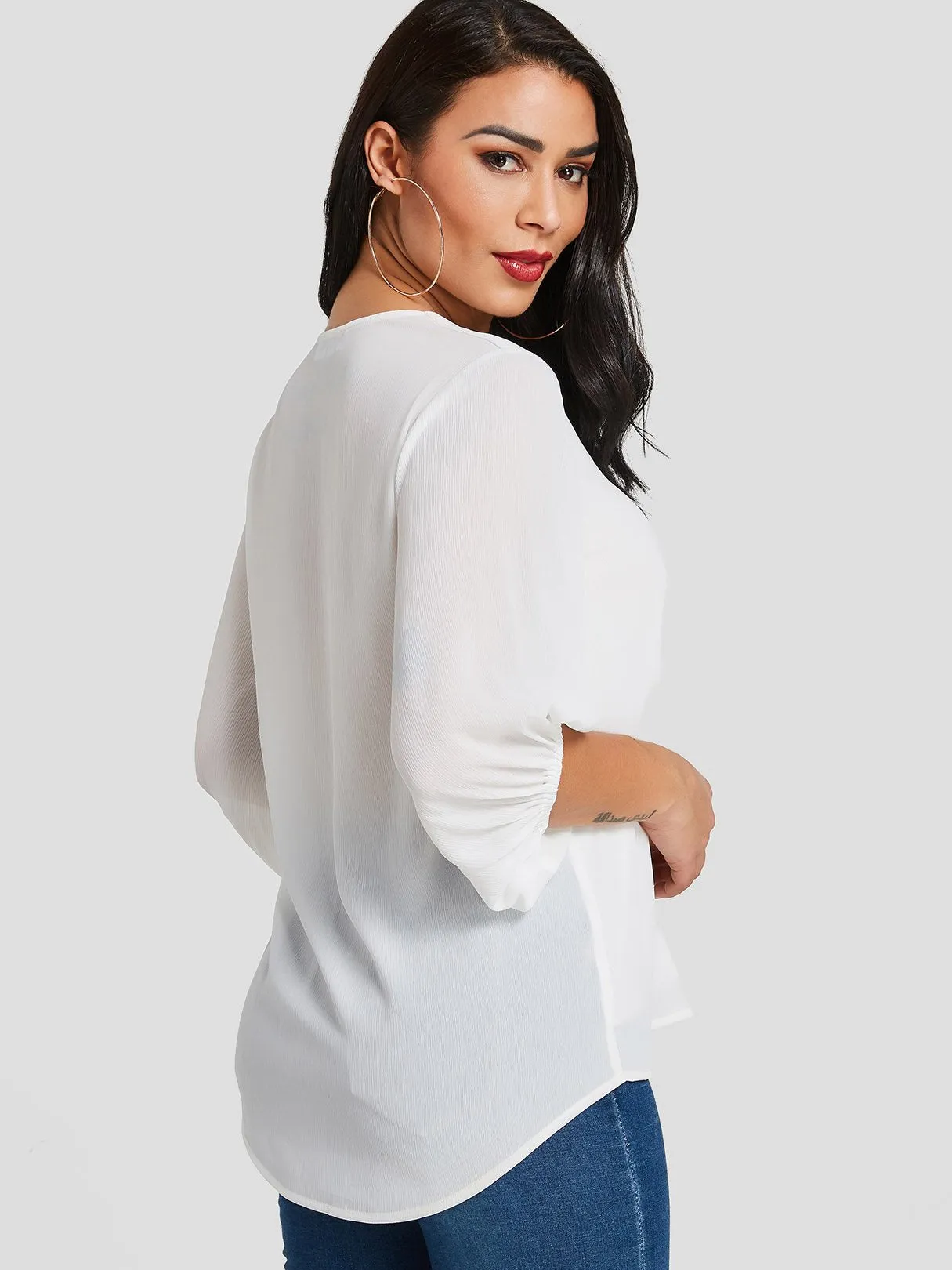 Custom V-Neck Plain 3/4 Sleeve Curved Hem White Blouses