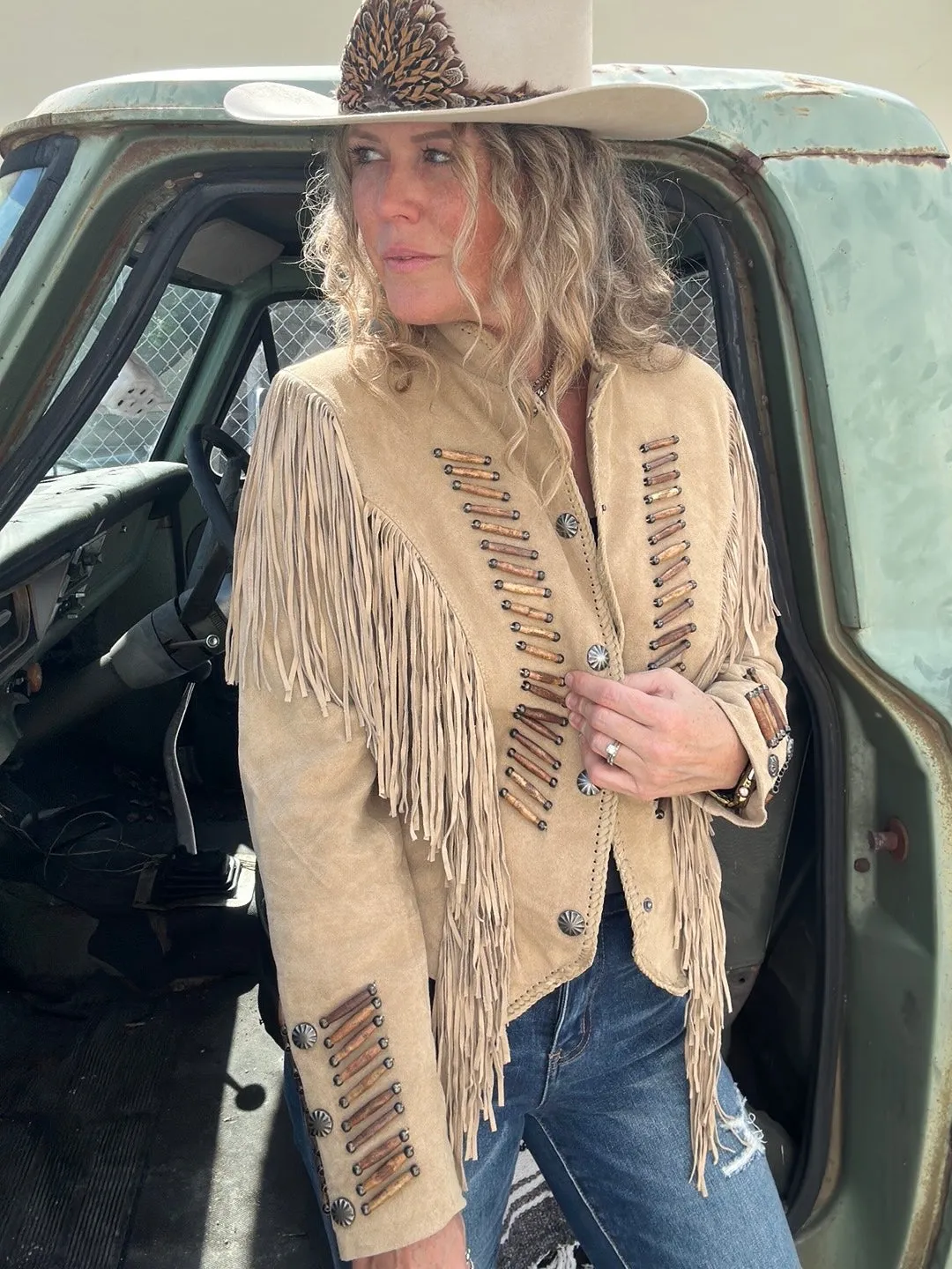 Desperado Beaded Fringe Leather Jacket ~ Old Rust/Sand  (DS)