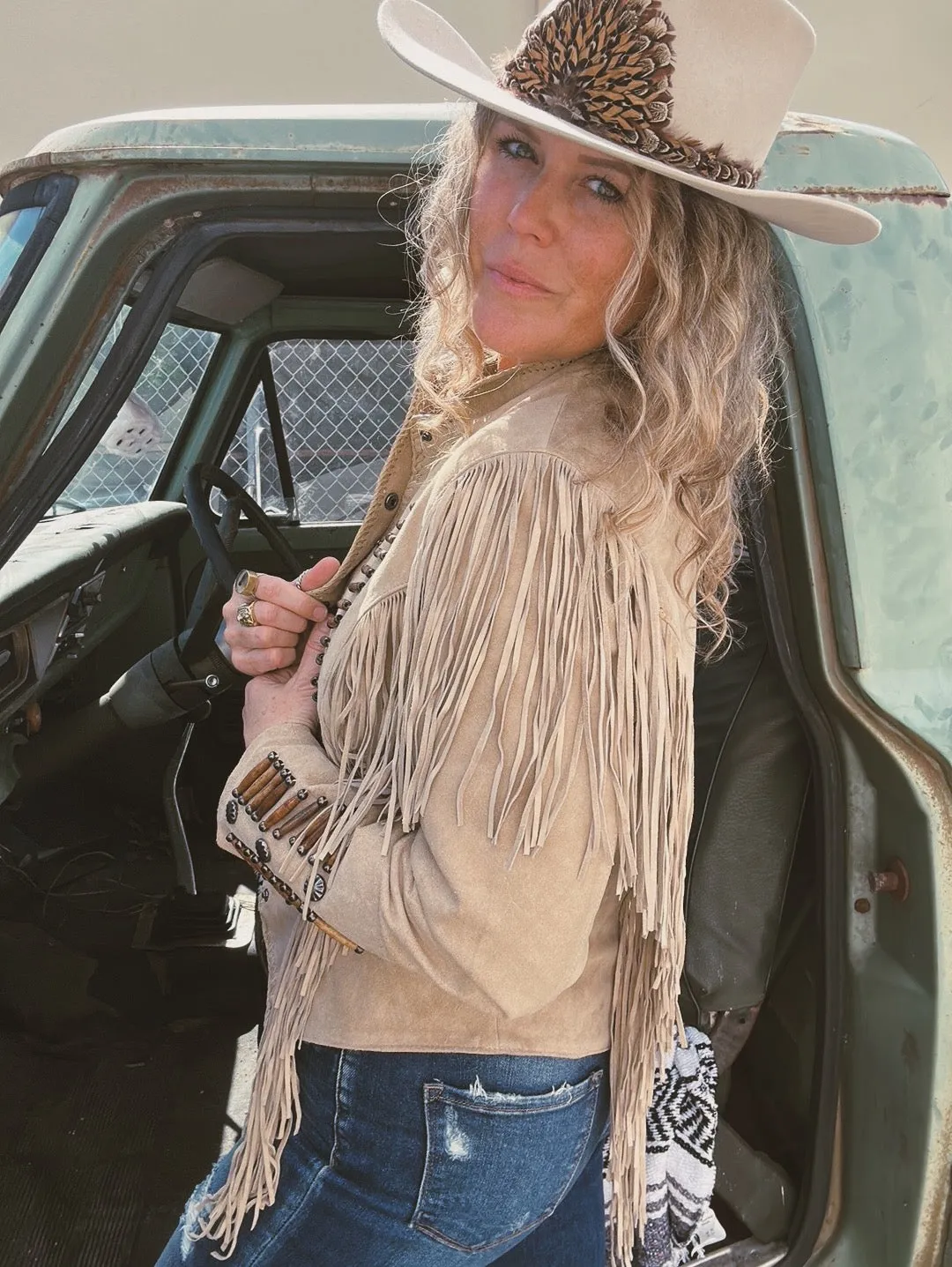 Desperado Beaded Fringe Leather Jacket ~ Old Rust/Sand  (DS)