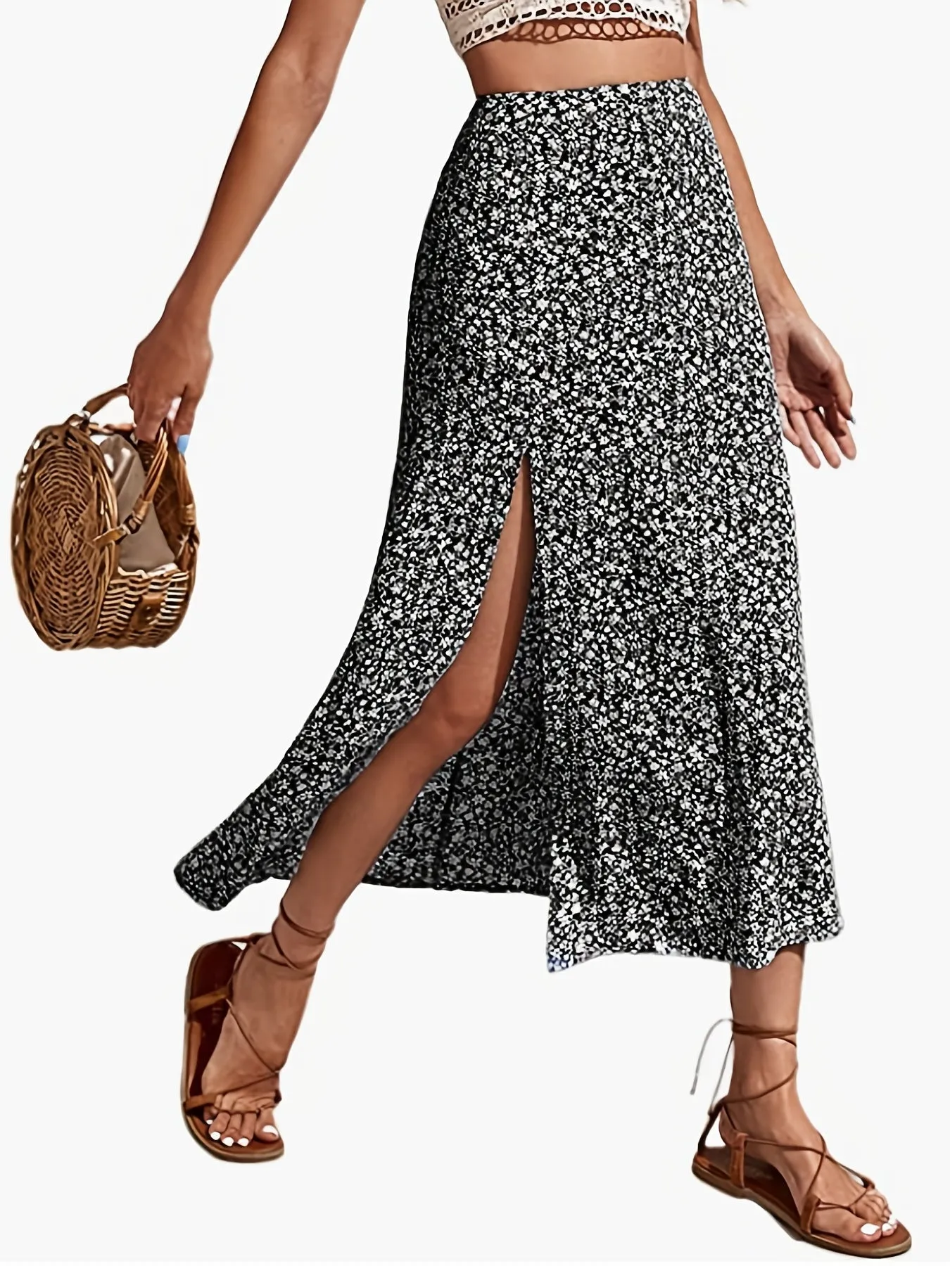 Ditsy Floral Print Split Elegant High Waist Skirts For Spring Summer