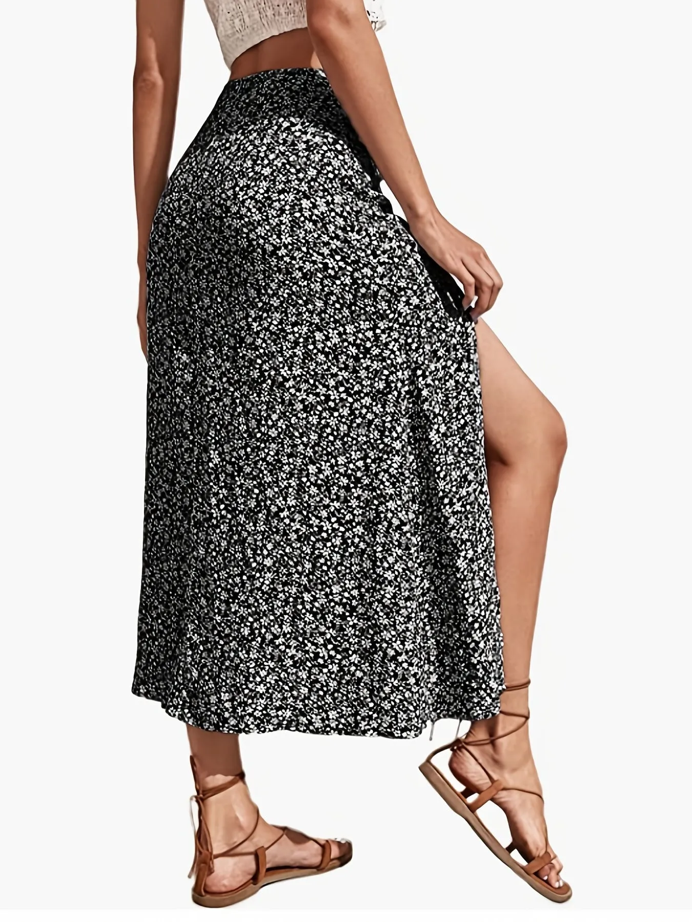 Ditsy Floral Print Split Elegant High Waist Skirts For Spring Summer