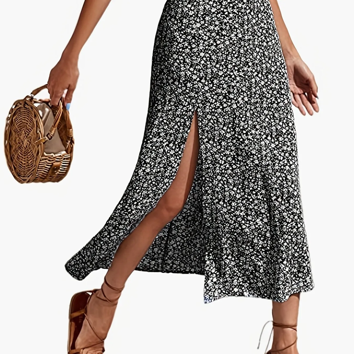 Ditsy Floral Print Split Elegant High Waist Skirts For Spring Summer