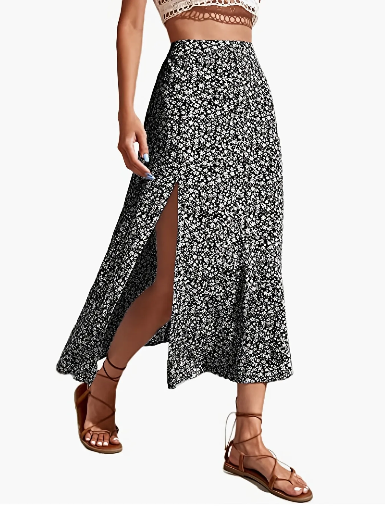 Ditsy Floral Print Split Elegant High Waist Skirts For Spring Summer