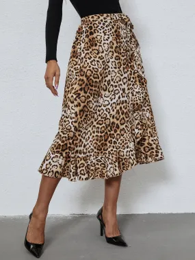 Elegant Leopard Knot High Waist Midi Women Skirt