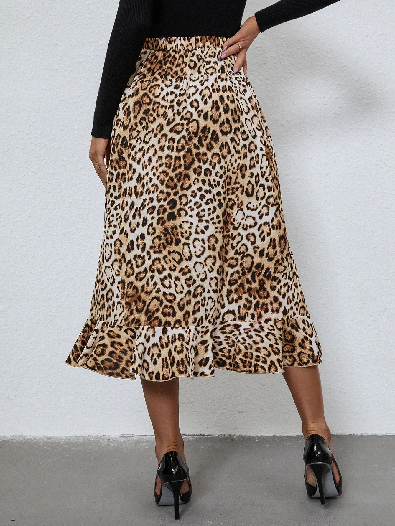 Elegant Leopard Knot High Waist Midi Women Skirt