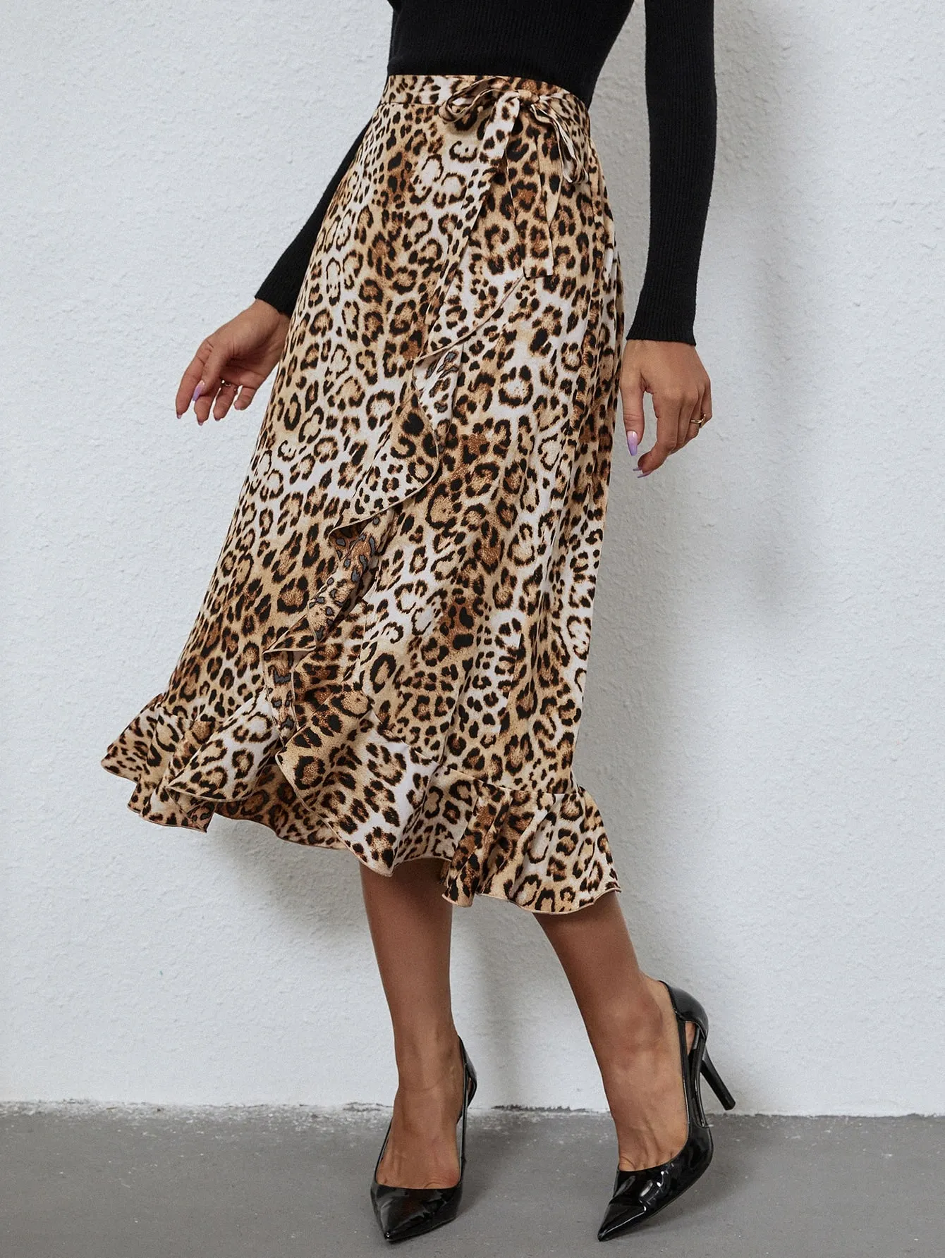 Elegant Leopard Knot High Waist Midi Women Skirt