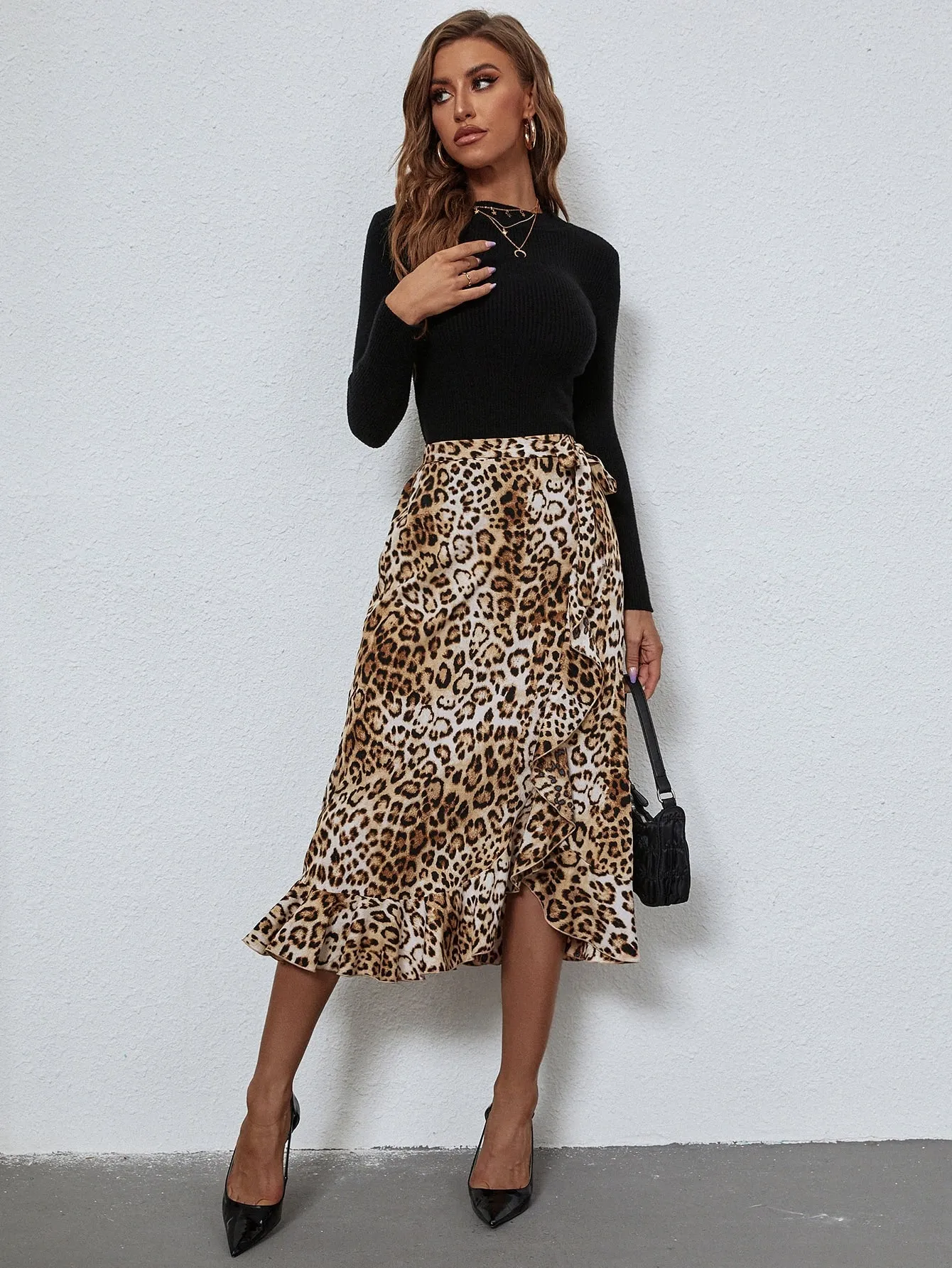 Elegant Leopard Knot High Waist Midi Women Skirt