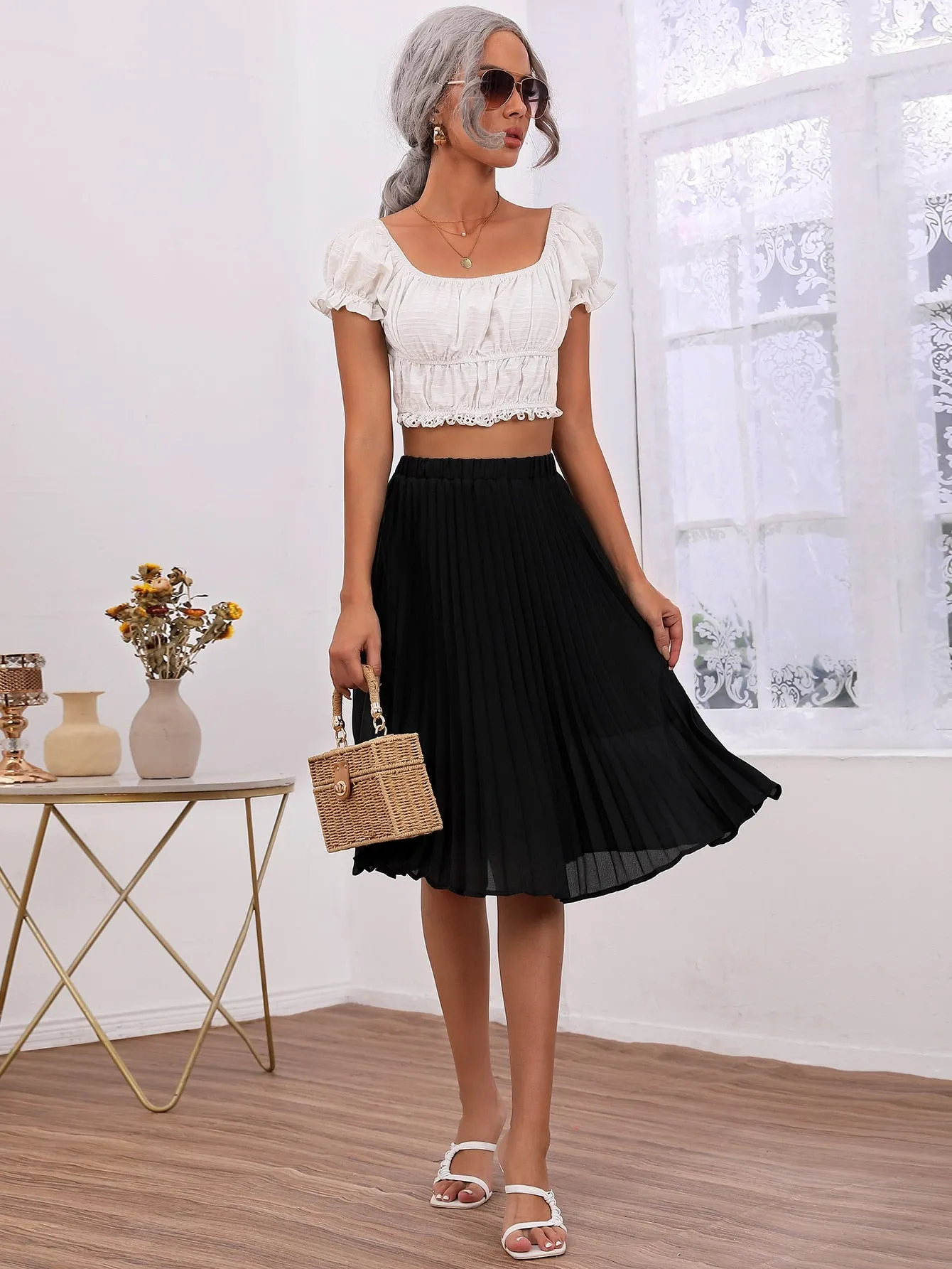 Elegant Plain High Waist Knee Length Womens Skirts