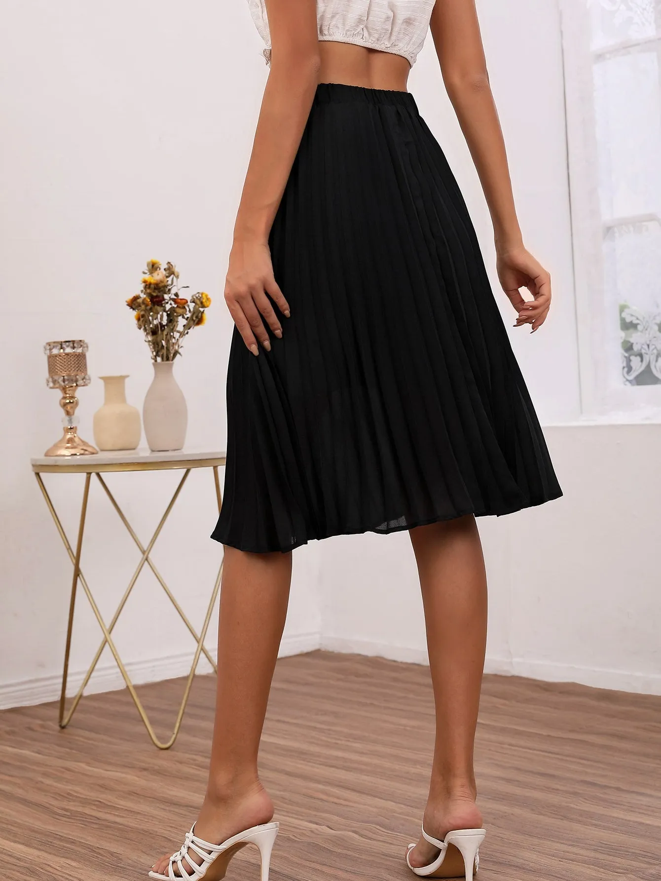 Elegant Plain High Waist Knee Length Womens Skirts