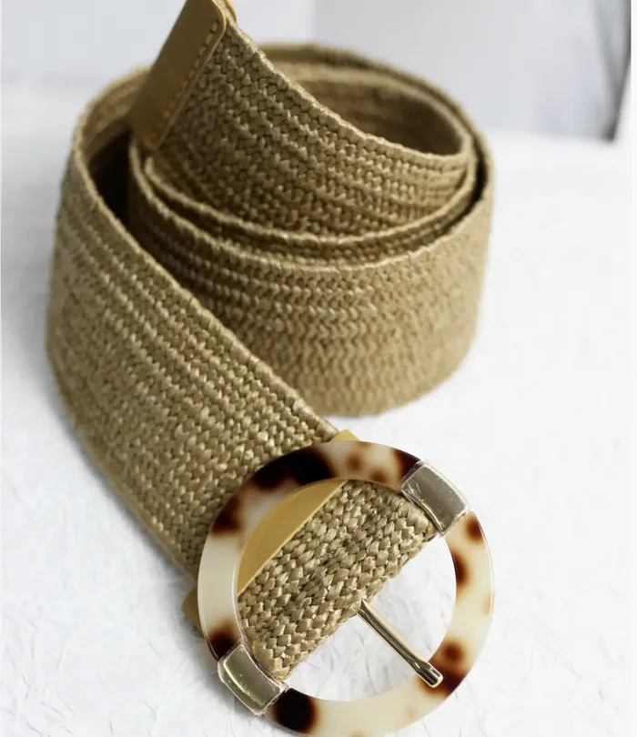 Esley Belt Straw Woven W/Round Resin Buckle and Gold Accent