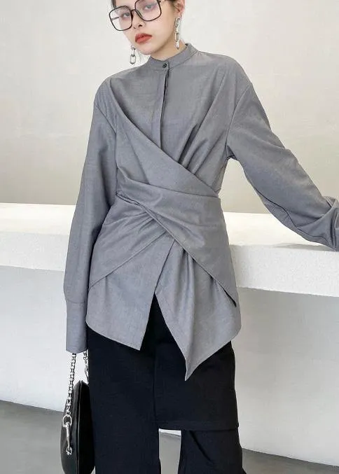 French Grey asymmetrical design  Long sleeve Spring Blouses