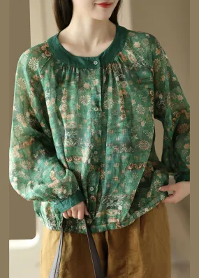 Green Print Patchwork Linen Blouses O Neck Wrinkled Button Spring LY5092