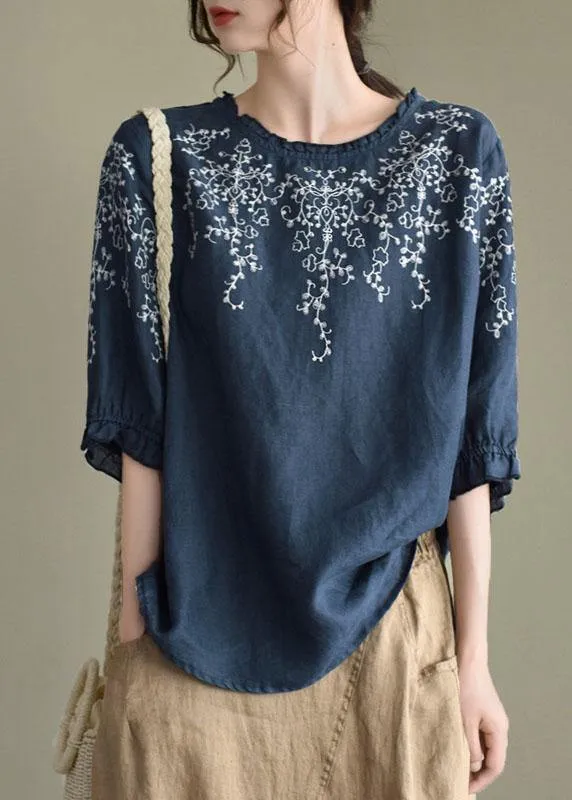 Handmade Navy lantern Sleeve O-Neck Embroideried Summer Ramie Blouses