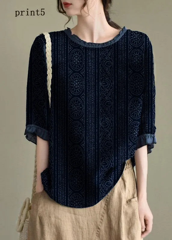 Handmade Navy lantern Sleeve O-Neck Embroideried Summer Ramie Blouses